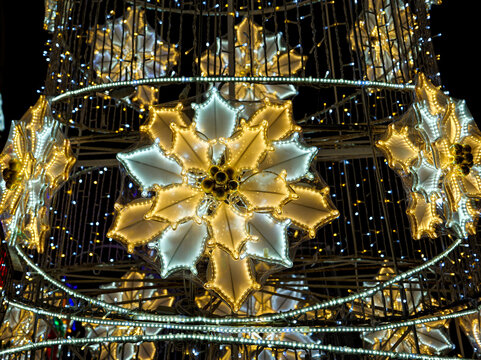 Illuminated White Poinsettia Christmas Lantern Display at Night