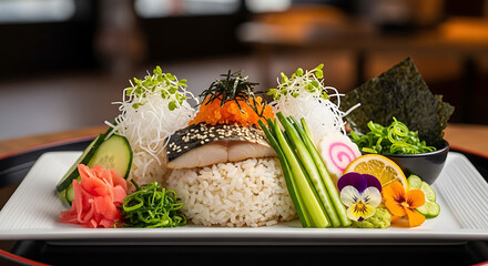 Artfully arranged sushi bowl with fresh ingredients and edible flowers