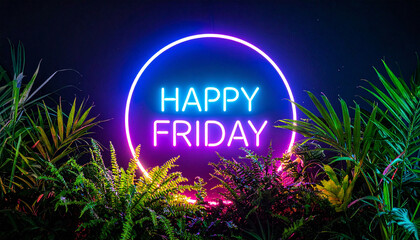 Happy Friday Neon Sign on tropical plants background. Greeting banner, poster with Glowing Neon 