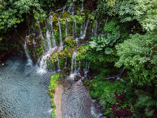 Tropical waterfall cascading over mossy rocks surrounded by jungle foliage