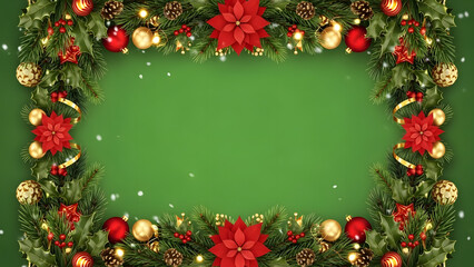 Festive Christmas Wreath Frame with Ornaments and Pinecones on Green Background