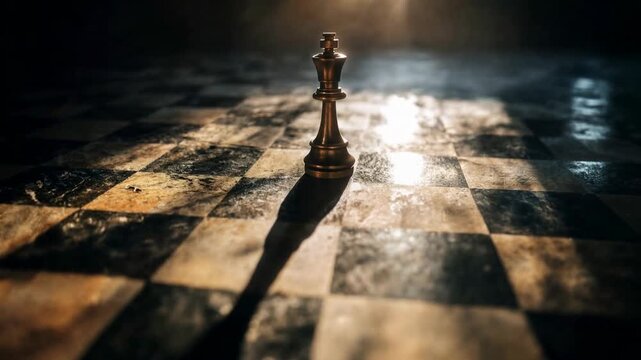Golden chess piece on dramatic board strategic intense atmosphere captured with rich cinematic clarity immersive atmosphere and striking emotional depth creating a visually compelling moment