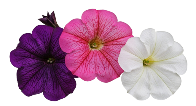 Three colorful petunia flowers in purple pink and white on a black background