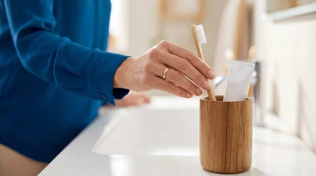 Hand Placing Natural Bamboo Toothbrush Into Wooden Holder