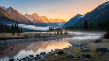 Majestic mountain range reflected in a tranquil river at sunrise with mist rolling in