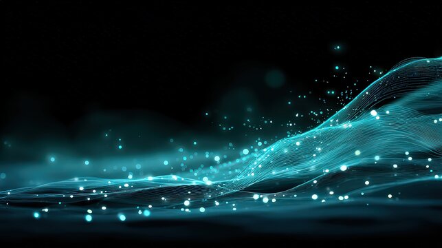 Abstract Digital Wave Design With Turquoise Particles On Black Background