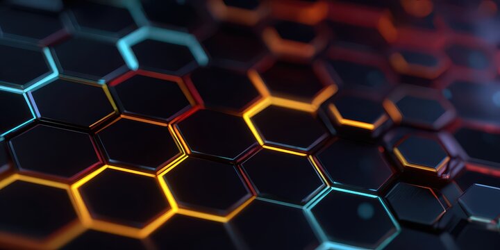 Abstract Geometric Hexagonal Pattern with Vibrant Orange and Blue Glow and Dark Background