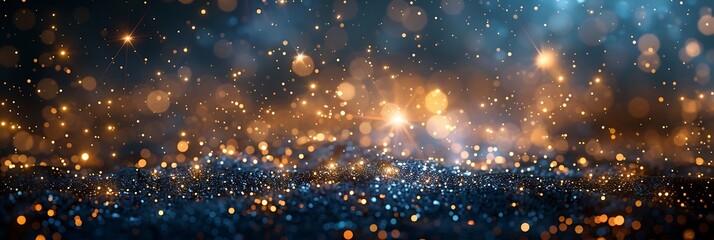 Panoramic Bokeh Lights and Particles Overlay with Gold and Blue Hues