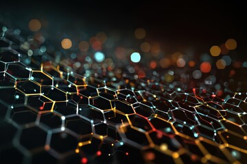 Abstract Hexagonal Network Design With Geometric Shapes Illuminated With Bokeh Effect and Dark Background