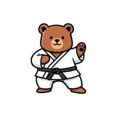 Cute bear cartoon mascot character wearing a traditional white martial arts kimono and belt is a stylized flat 2D vector logo illustration isolated on a white background.