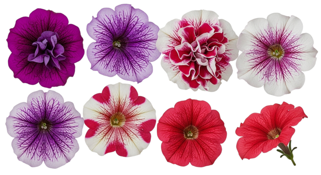 Collection of vibrant petunia flowers in various colors and patterns - Powered by Adobe