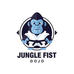 Cute King Kong gorilla mascot wearing a traditional martial arts kimono, presented as a strong yet friendly flat 2D vector illustration on a clean, isolated white background.