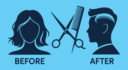 haircut transformation before and after, vector illustration showing scissors, comb, and hair styling process, ideal for hair salon branding, barber tutorials, beauty infographics, and makeover.