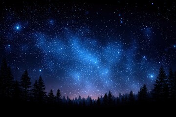 Fototapeta premium Dark Night Sky Over Forest Silhouette Blue And White Stars Glowing Background