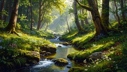 Obraz premium Sunlit forest with flowing stream—lush canopy, golden rays, vibrant flora—symbolizing tranquility, renewal, and the organic rhythm of nature’s embrace and peaceful immersion.