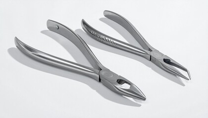 Obraz premium Fan-like arrangement of stainless steel surgical tools—retractors on white surface—symbolizing precision, intervention, and the clinical rhythm of medical clarity and procedural control.