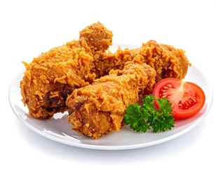 Three pieces of golden fried poultry on white plate, tomato slice, parsley garnish