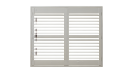White Louvered Window with Adjustable Slats for Ventilation and Light Control.
