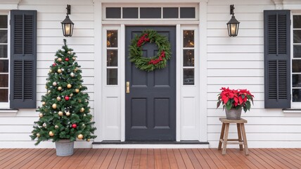 Fototapeta premium Welcome the holidays home with a charming Christmas tree and festive front door decor