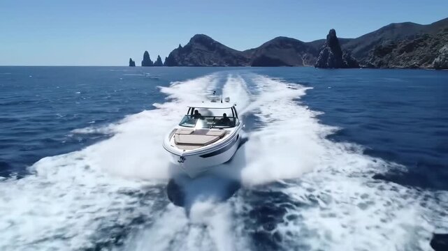 Sleek luxury powerboat cruising at high speed across the shimmering ocean, leaving a powerful wake, with rugged rocky islands in the distant background under a clear blue sky