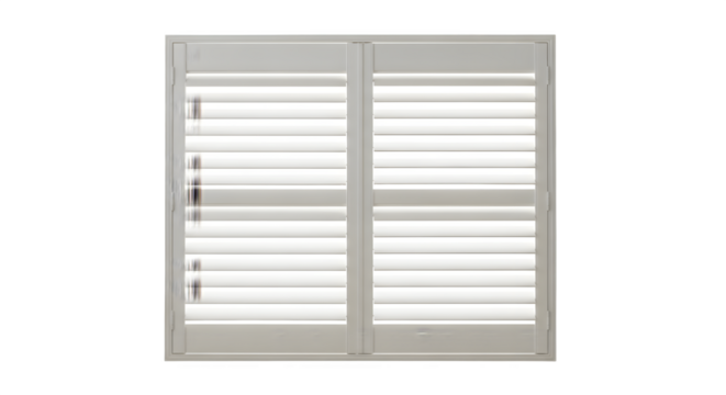 White Louvered Window with Adjustable Slats for Ventilation and Light Control.
