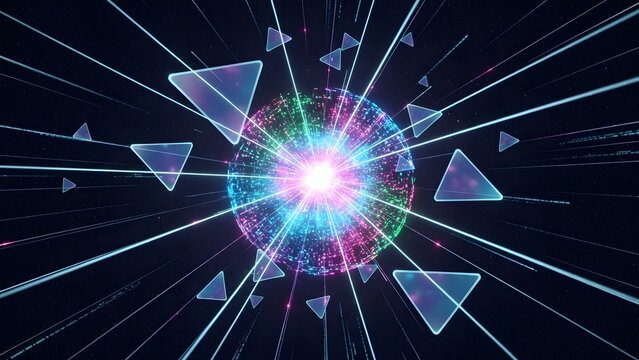 Futuristic Neon Energy Sphere with Glowing Triangular Elements in Deep Space