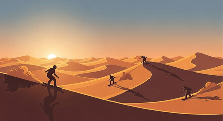Sandboarding in the vast desert dunes during a breathtaking sunset adventure and thrilling activity