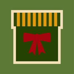 Christmas green gift box with yellow stripes, a red bow, and a light outline on a green background. New Year's sticker. Vector illustration. Festive square background. Greeting card.