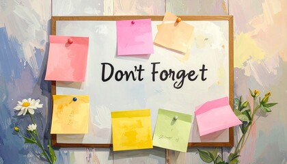 “Don’t Forget” message surrounded by colorful sticky notes—floral background and blank reminders—symbolizing memory, intention, and the emotional rhythm of everyday organization and gentle urgency.
