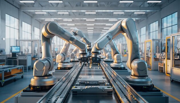 Industrial Robotic Arms Assembling Products on Automated Factory Conveyor Belt