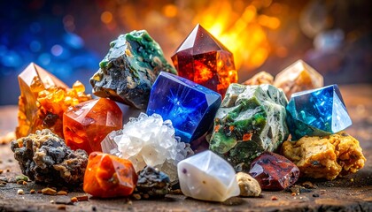 Collection of various colorful, faceted crystals and minerals on a dark surface, with a blurry, bokeh background