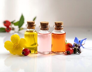 Three small glass vials filled with colorful liquids, corked, with floral accoutrements
