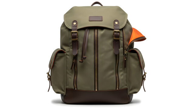 Durable olive green canvas backpack with multiple pockets and orange accent for outdoor adventures