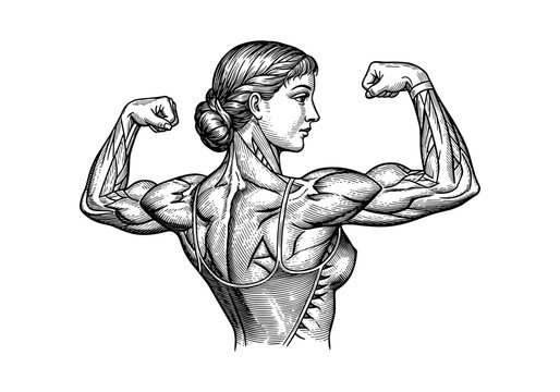 Vintage muscle woman showing strength in detailed engraving style