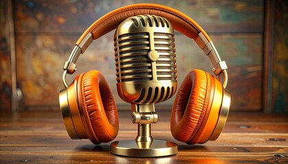 Vintage golden microphone with matching headphones on wooden surface—set against textured multicolor wall—symbolizing voice, presence, and the emotional resonance of sound and storytelling.