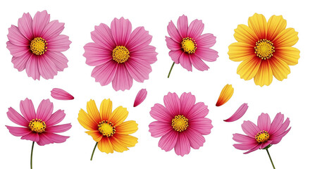 Collection of vibrant pink and yellow cosmos flowers against a black background