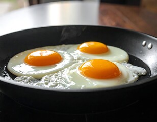Three sunny-side-up eggs frying in a dark pan on a wooden surface
