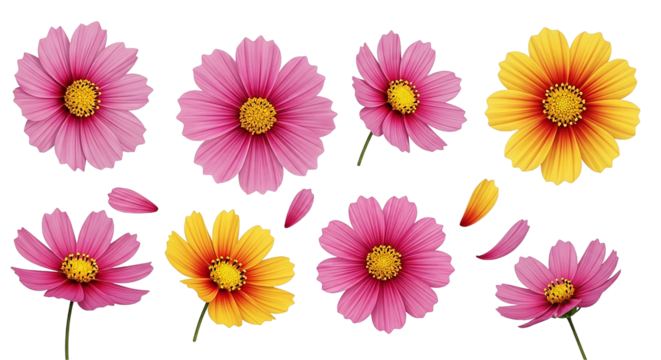 Collection of vibrant pink and yellow cosmos flowers against a black background