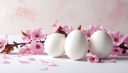 Three white eggs nestled among vibrant pink cherry blossom branches