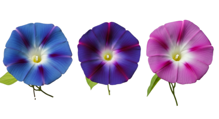 Three vibrant morning glory flowers in blue purple and pink against black background