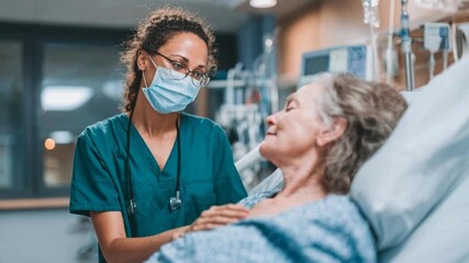 Nurse comforting elderly patient caring hospital interaction captured with rich cinematic clarity immersive atmosphere and striking emotional depth creating a visually compelling moment idea