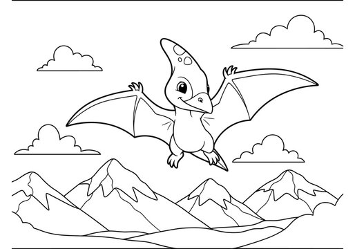 Cute cartoon pterodactyl flying over mountains in black and white coloring page
