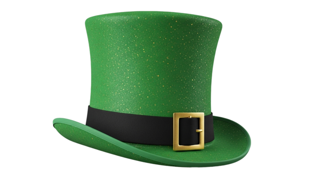 Sparkling green leprechaun hat with gold buckle on black background