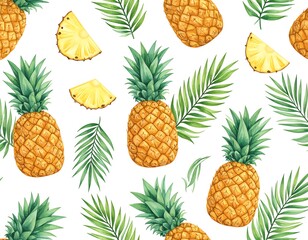 Tropical seamless pattern featuring pineapples and green foliage