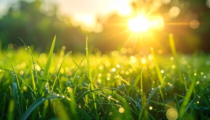 Obraz premium Close-up of green grass blades with dew drops—bathed in warm morning sunlight and golden bokeh—symbolizing freshness, tranquility, and the delicate rhythm of nature’s early light.