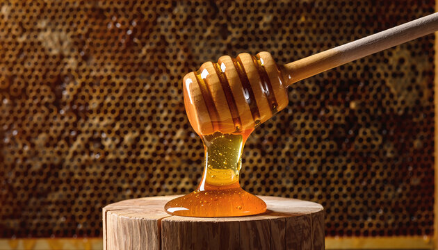 Honey dripping from a wooden dipper onto a log with honeycomb background - Powered by Adobe