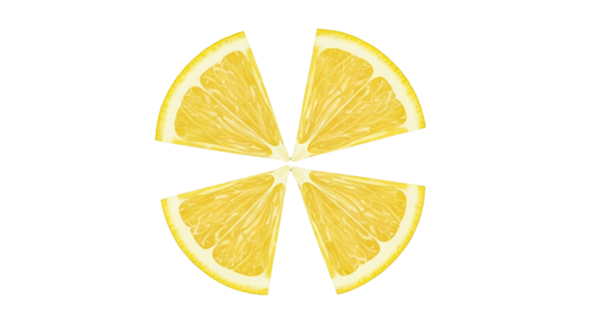 Four bright yellow lemon slices arranged in a symmetrical pattern on black background