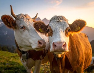 Two cows, with brown and white patches, bask in the warm glow of the setting sun, with mountains