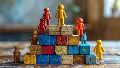 Three-tiered wooden block pyramid with red, green, and blue figurines—red at the top—symbolizing hierarchy, leadership, and the playful architecture of social dynamics and team structure.