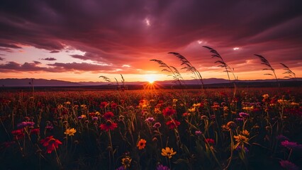 Vibrant Sunset Over a Field of Wildflowers A Breathtaking Nature Scene